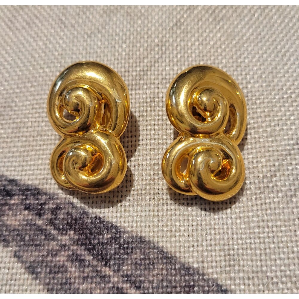 Vintage 1980s Anne Klein Gold Tone Swirl Clip On Earrings Bold Statement Designe